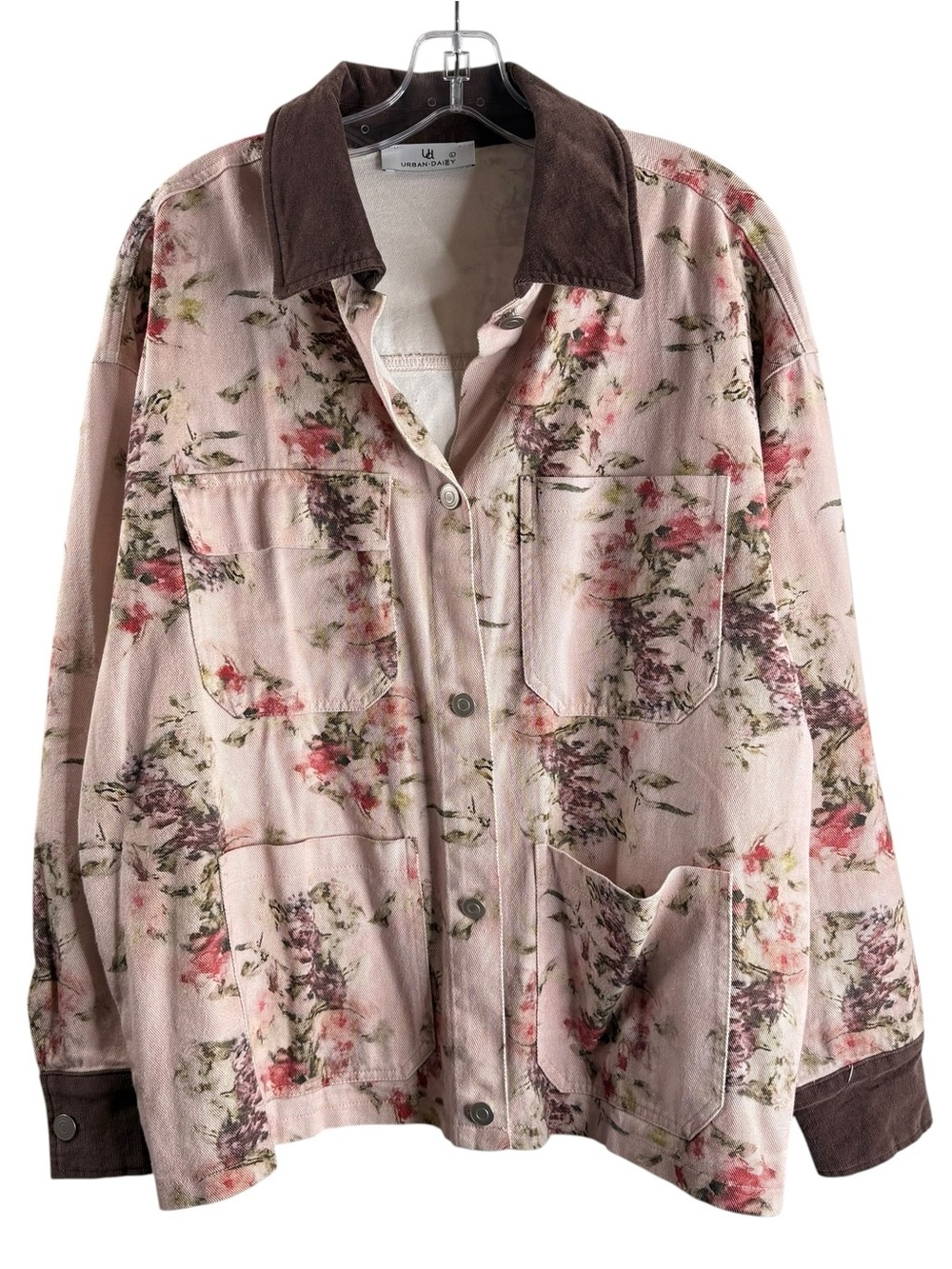 URBAN DAIZY Pink Floral Jean Chore Jacket with Brown Corduroy Collar $79